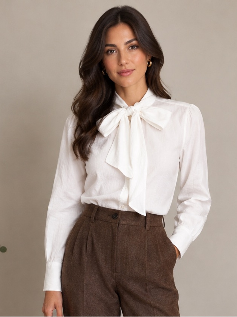 Elegant White Bow-Tie Long-Sleeve Blouse, Club Monaco cotton and silk blend.